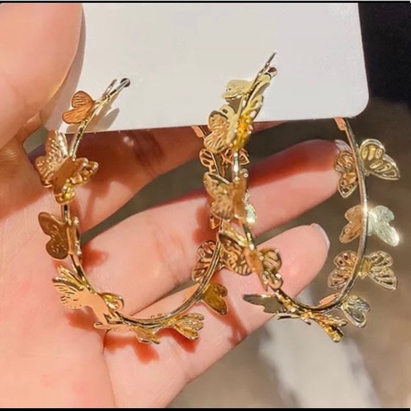 Gold Butterfly Hoop Earrings - Picture 3 of 7
